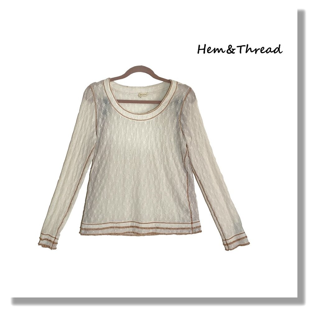 Hem & Thread Sheer long sleeve sweater top in a soft ivory lace fabric. L